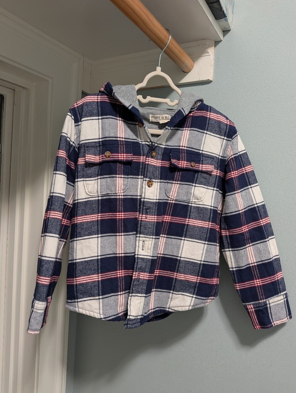 Boys Hooded Navy Plaid Button-Down Shirt Hoodie Jacket